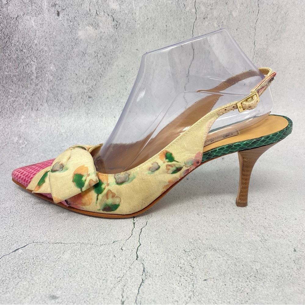 ❤️Beverly Feldman Silk Fabric and Snakeskin Leather Slingback Heels. Size 8 1/2 - Picture 2 of 13